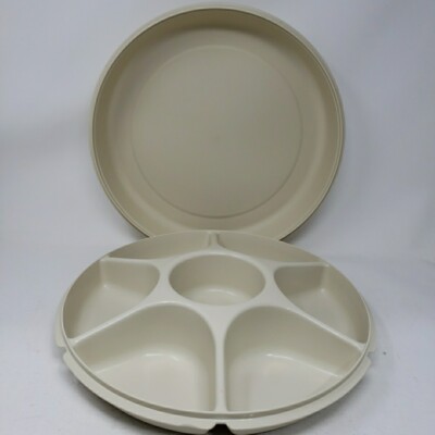Vintage Tupperware 2-Piece Serving Chip n Dip Divided Tray 1665 1666 Almond-image