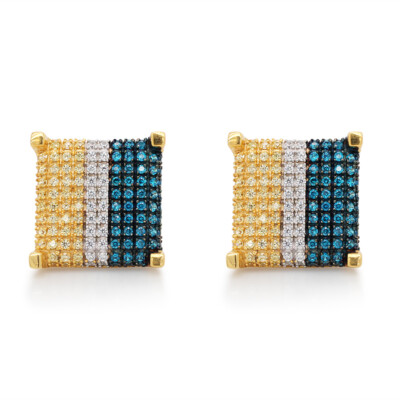 Mens Ladies Blue And White Simulated Square Earrings Studs 12mm 925 Silver-image