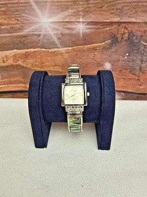 Studio White Dial Silvertone Square Case Abalone Inlay Hinge Bracelet Band Watch-image