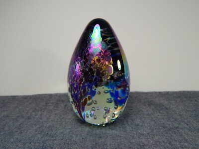 Glass Eye Studio GES Iridescent Controlled Bubble Egg Shaped Paperweight.-image