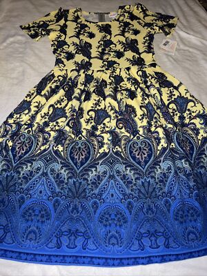 LuLaRoe 2 print Large 14/16 12/14 Yellow Blue Dip Paisley Ornate Ombré Dress 🦄-image