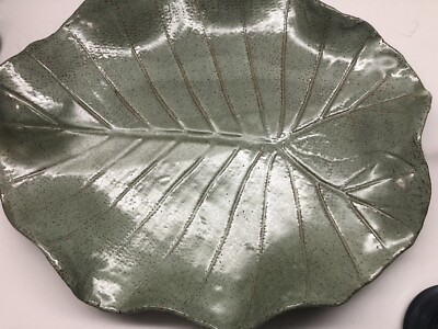 Large Leaf Shaped studio  Pottery  Art Handmade  Dish Green Signed centerpiece-image