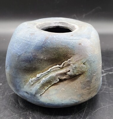 Vintage Studio Art Pottery Rake Glaze Blue Black Square Vase Vessel 3