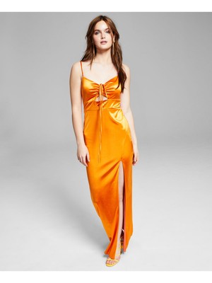 CITY STUDIO Womens Orange Tie Sleeveless Full-Length Gown Dress L-image