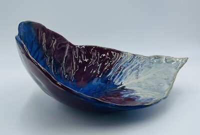 Studio Pottery Leaf Shaped Art Dish Dripped Glazed Multi Color Artist Signed-image