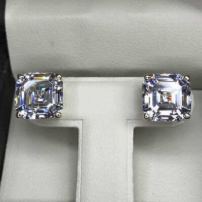 10CT Asscher Princess Square Cut Diamond Earrings Man Made 14k Solid Gold  -image