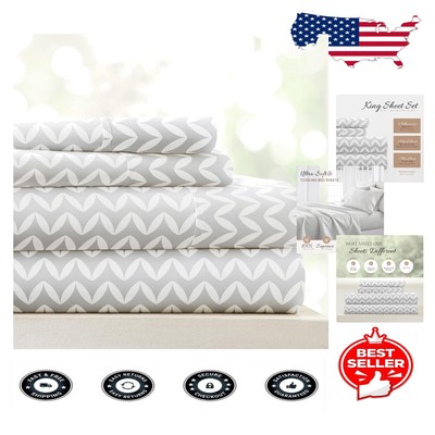 Premium Microfiber 4-Piece King Size Sheet Set - Luxury Soft Gray Chevron-image