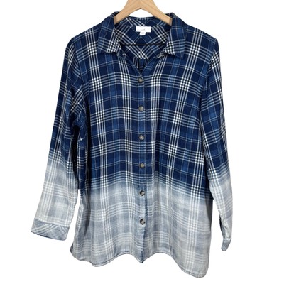 J. Jill Flannel Long Sleeve Button Up Dip Dye Plaid Large Petite Spring Vacation-image