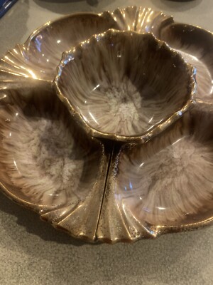 Vintage Cal Orig USA #785 Pottery Large Shrimp Chip Dip Veggies Design Gold Trim-image