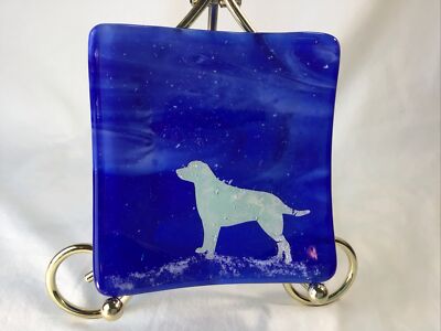 Studio Fused Glass Square Silver Silhouette Retriever-Flecks Dish Tray Unsigned-image