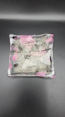 Fused Studio Art Glass Trinket Dish Square Pink Black Crushed Glass -image