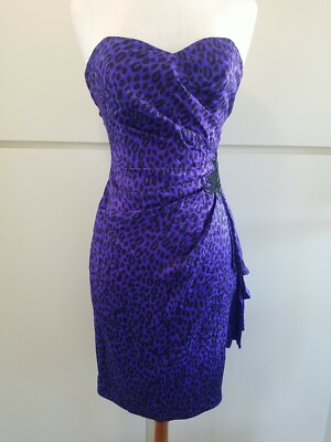Vtg 80's Silk Studio Purple/Blk Animal Print Dress with Ruched Waist Size 6-EUC-image