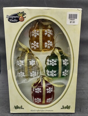 Vtg Designers Studio Hand Crafted Glass Ornaments Snowflake Present Box Set 4-image