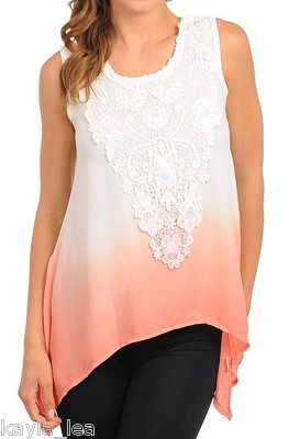 Coral/White Ombre Dip Dyed Crochet Applique Chiffon Asymmetrical Top S M L-image