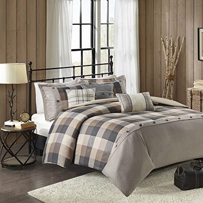  Ridge Duvet Set - Cabin Lodge Plaid Herringbone Design, Button Accent, All -image