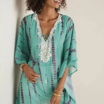 Soft Surroundings Women's XL 18 Galene Chiffon Beaded Dip Tie Dye Tunic NWT-image