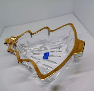 VTG STUDIO NOVA CHRISTMAS TREE Candy Nuts Dish Clr Glass Gold Trim 6