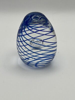 Hand Blown Blue Swirl Art Glass Egg-Shaped Paperweight With Controlled Bubble-image