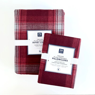 Pottery Barn Teen Trevor Plaid Organic Flannel Duvet Cover sham 2pc Twin Maroon-image