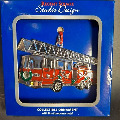 Regent Square Fire Truck Ornament w/Wreath Christmas Crystals Studio Design NEW-image