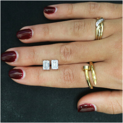 Sterling Silver Emerald Shaped Stud Earrings Cubic Zirconia 6mm Clear CZ-image