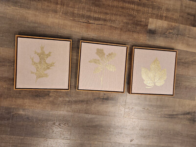 Madison Park Glittery Gold Maple Oak Leaves Canvas Wood Framed Wall Art Set of 3-image