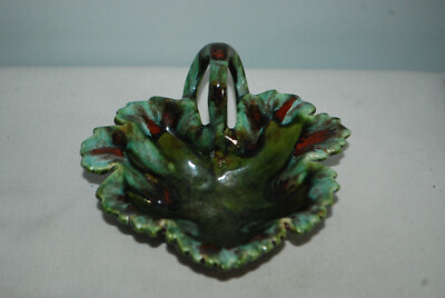 Studio Pottery Leaf Trinket Dish Bowl Green Drip Glaze Ceramic Sign Hem-image