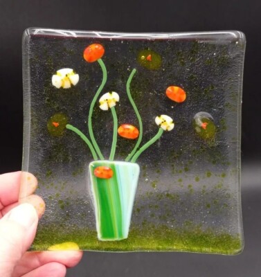 Hand Made Art Studio Fused Glass Floral  Bouquet Trinket/Jewelry Dish  5 x 5