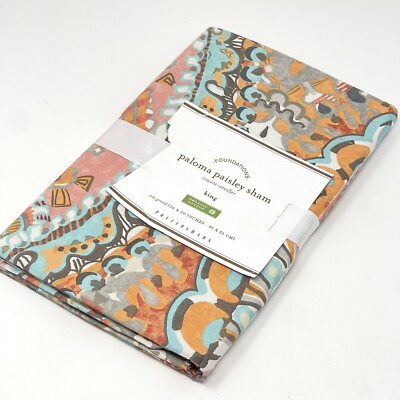 NWT POTTERY BARN Paloma Paisley 100% Organic Cotton KING SHAM Aqua Orange Multi-image