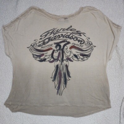Harley-Davidson Large Rayon Eagle Dip Dye Crochet Trim beige SS Top Shirt USA-image