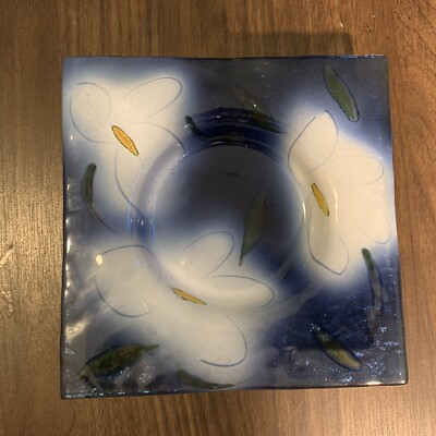L'Oiseau De Bois Atelier De Verre Dish Blue White Square Studio Glass-image