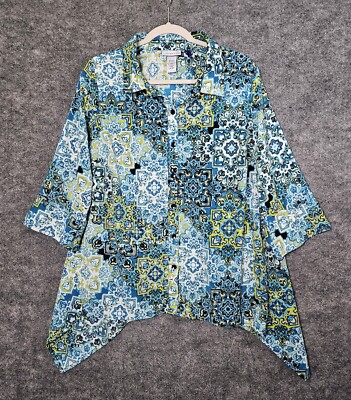 Catherines Shirt Womens 0X Petite Blue Patchwork Lightweight Button Up Dip Hem-image