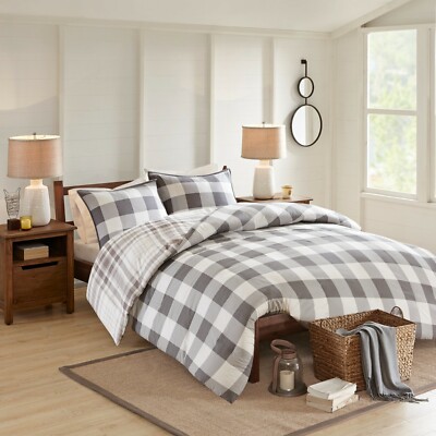 Madison Park Prewitt Cotton Reversible Duvet Cover Set Gray Plaid Full Queen NEW-image