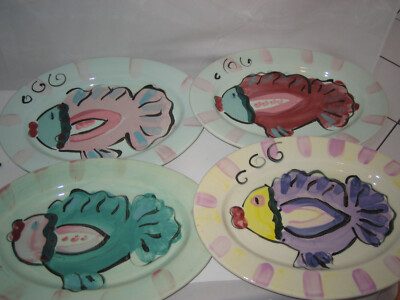 4 pc set Art Pottery Fish oval Plates Kissing Fish Koi  Studio Art Signed RARE-image