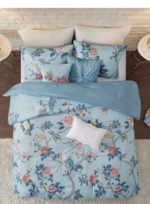Madison Park Gladiolus Blue Reversible Seersucker King/Cal King Duvet Cover Set-image