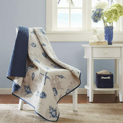 MADISON PARK OVERSIED QUILTED THROW COLORS IVORY BLUE/NAVY NIP -image
