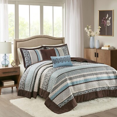 King Size Bedding Oversized Bedspread Blue Brown Medallion Glam Lightweight 5Pc-image