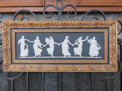 Antique Wedgwood Black Dip Jasperware Dancing Hours Large Framed Plaque-image
