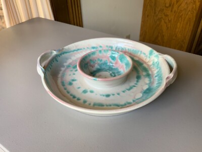 Dryden Original Pottery Large Chip &  Dip bowl Turquoise Pink & Cream excellent -image