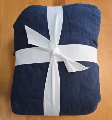 POTTERY BARN BELGIAN FLAX LINEN FRINGE RUFFLE DUVET COVER F/Q ~ MIDNIGHT BLUE-image