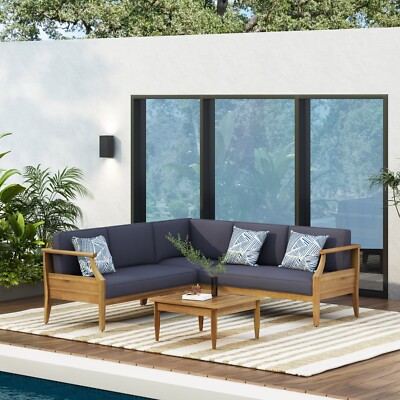 Bianca Outdoor Mid-Century Modern Acacia Wood 5 Seater Sectional Chat Set with C-image