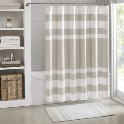 Madison Park Shower Curtain, Waffle Weave, Pieced Design Fabric Shower Curtain w-image