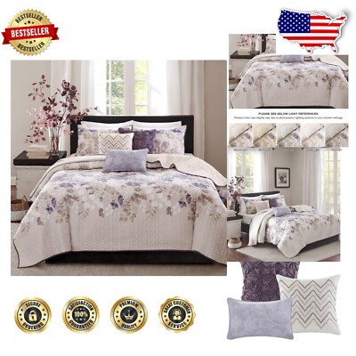 Full/Queen Luna Quilt Set - 6-Piece Floral Taupe Bedding with Decorative Pillows-image