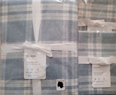 POTTERY BARN Briar Plaid Yarn Dyed FULL/QUEEN Duvet Cover & 2 STAN Shams ~ Blue-image