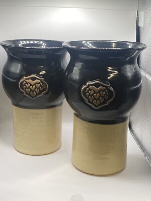 Studio Pottery Mugs/vases Signed Renaissance Style Black Brown Blue Hearts -image