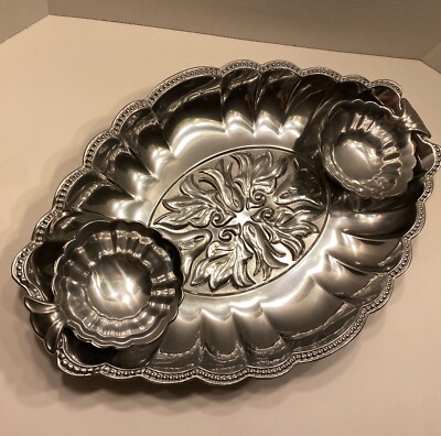 LARGE LENOX PEWTER Chip + Dip BOWLs + HEAVY TRAY 19X 13X 2.5 Butlers Pantry Set-image