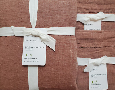 POTTERY BARN Belgian Flax Linen FULL/QUEEN Duvet & 2 STANDARD Shams NEW ~ BRICK-image