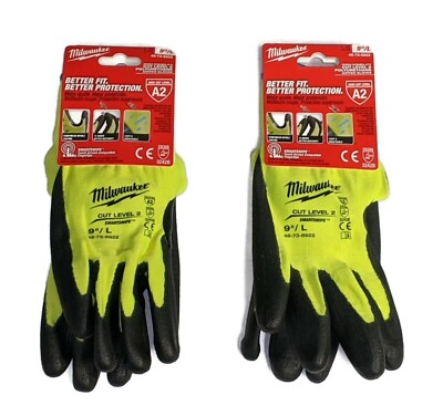 Two Pairs Milwaukee Hi-Vis Cut Level 2 Polyurethane Dipped Gloves M, L, XL & 2X-image