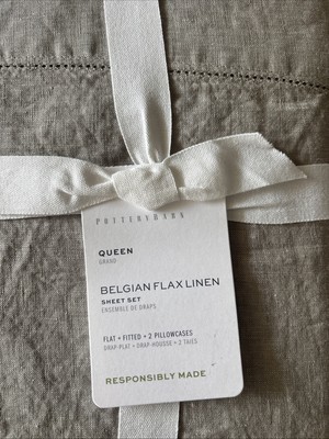 POTTERY BARN Belgian Flax Linen Queen Sheet Set 4/ Piece Eucalyptus Green NWT-image