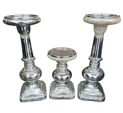 Pottery Barn Rustic Silver Mercury Glass Pillar Candle Holders, Set of 3-image